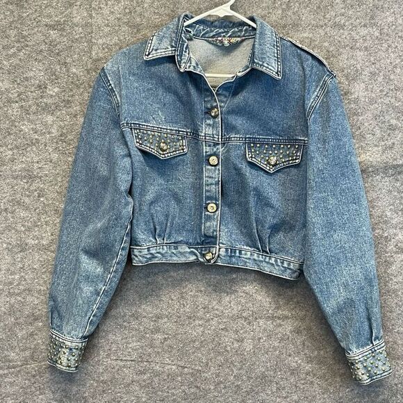 Vtg GOAL by Hot Property Jacket Womens Medium Blue Denim Gold Studded Cropped - Picture 1 of 15